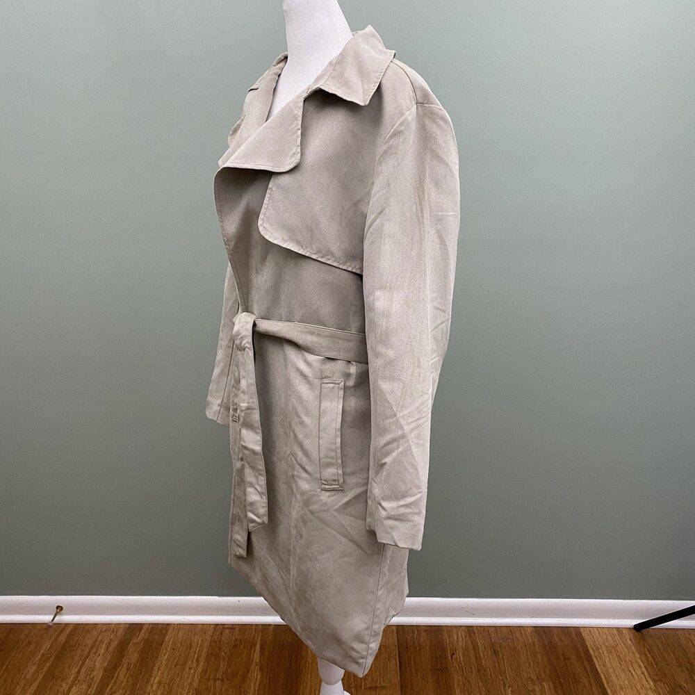 Banana Republic Faux Suede Trench Coat Jacket Tie Drape Front Womens Large Beige - Picture 3 of 11